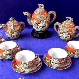 Antique Japanese Satsuma Dragonware Moriage Gold Tea Set - Hand Painted